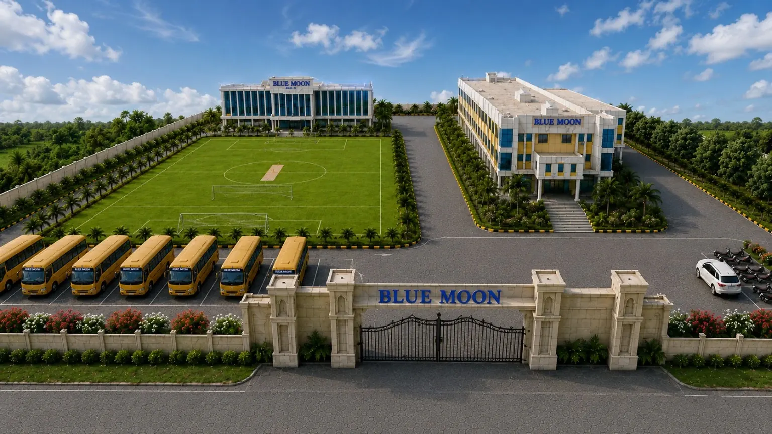 Aerial campus frontage view with Blue Moon academic blocks and transport area