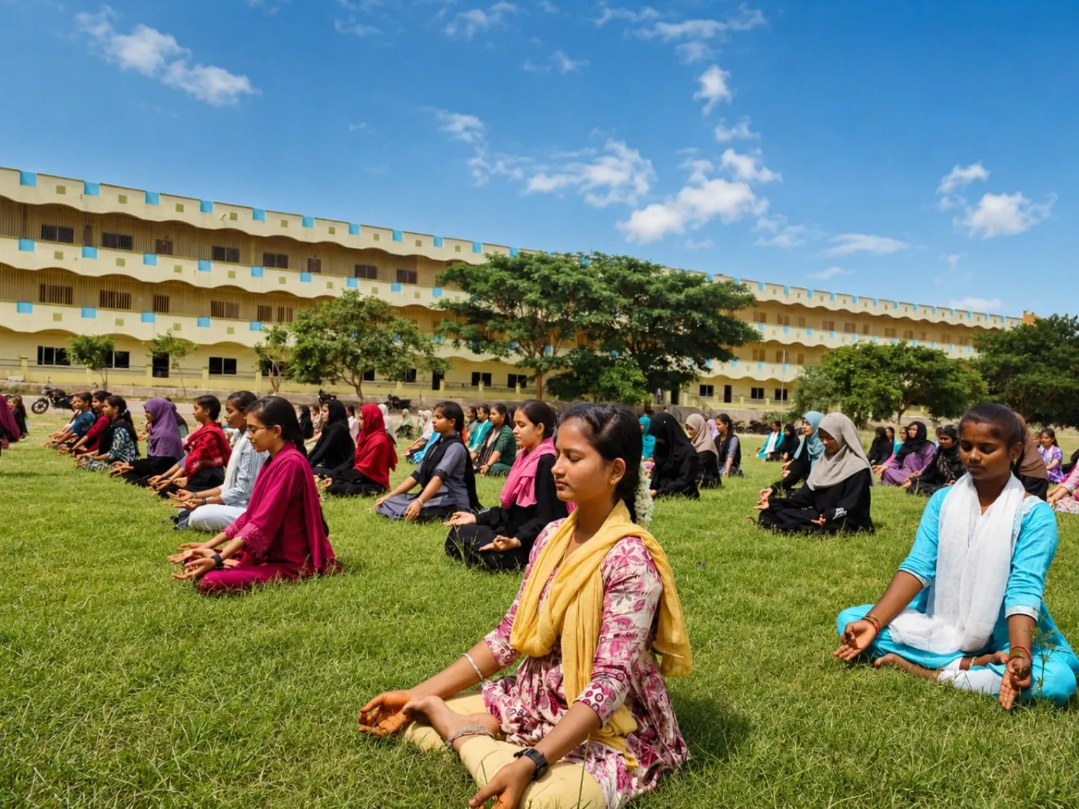 Girls yoga and meditation session on Blue Moon campus ground