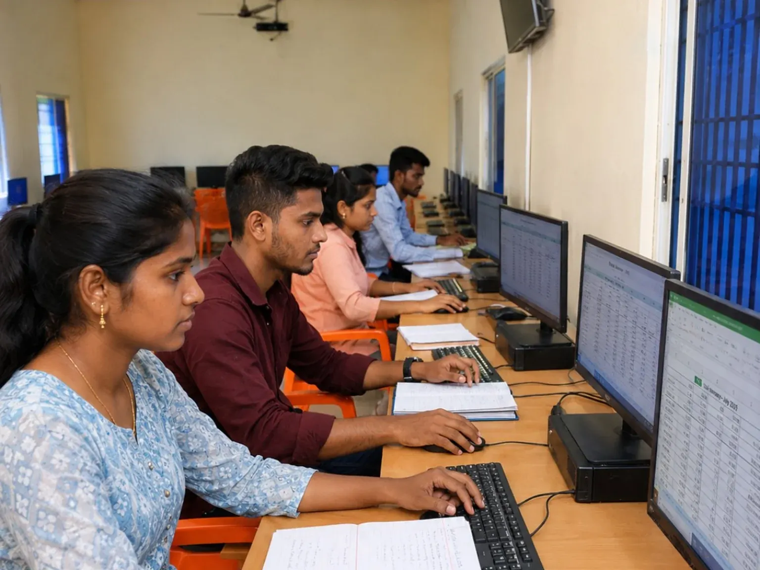 B.Com Computer Applications students learning spreadsheets in the computer lab