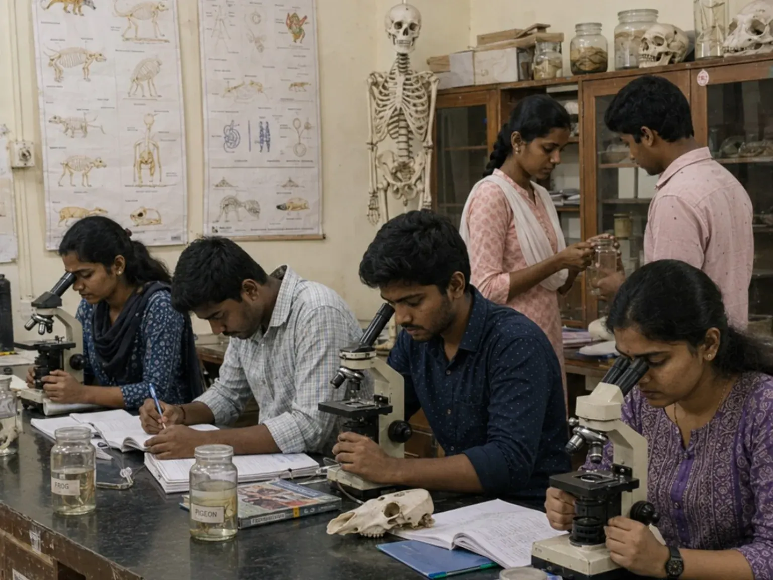 B.Sc Zoology students using microscopes in the zoology laboratory