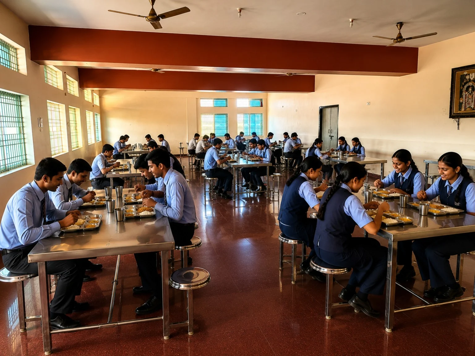 Students having meals in the Blue Moon hostel dining hall
