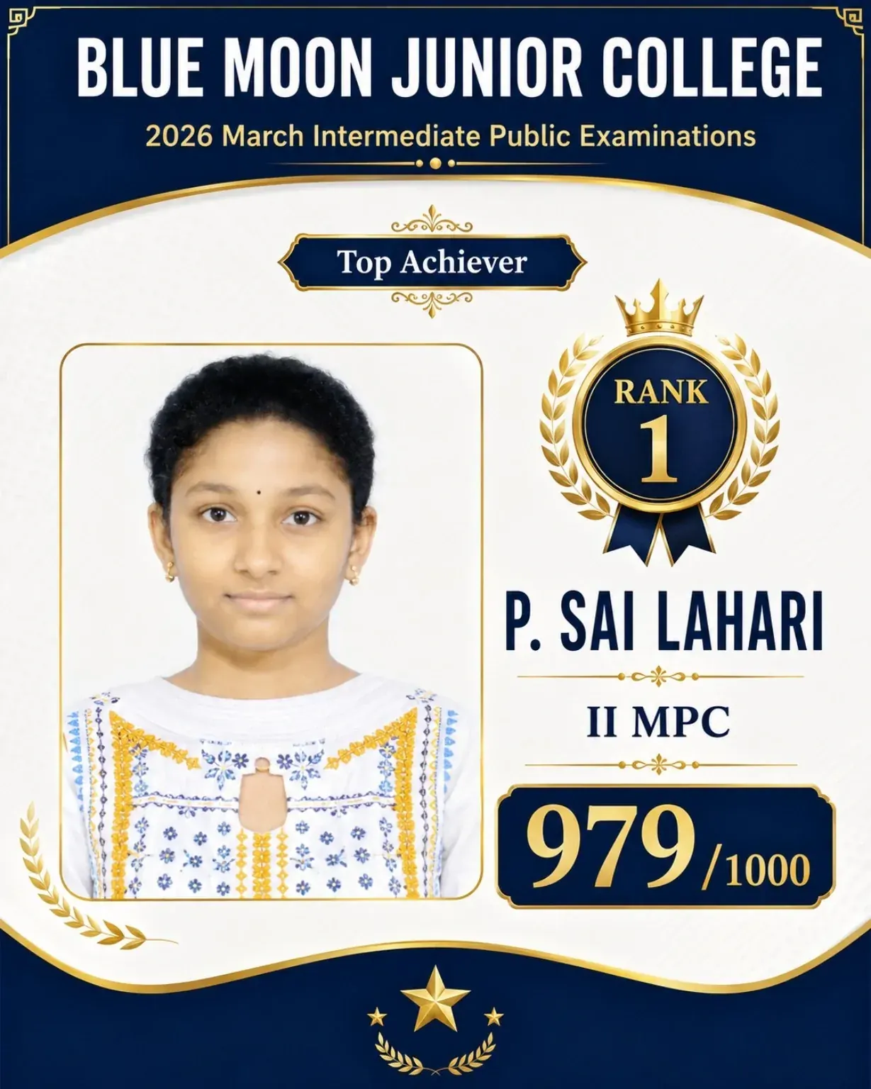 Blue Moon Junior College Rank 1 P Sai Lahari 979/1000