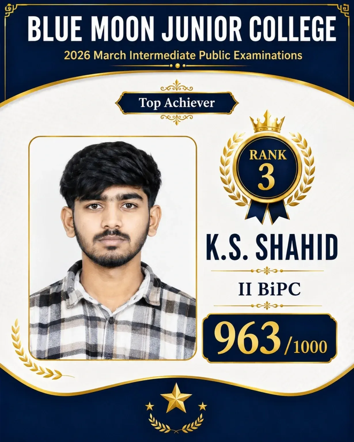 Blue Moon Junior College Rank 3 K S Shahid 963/1000