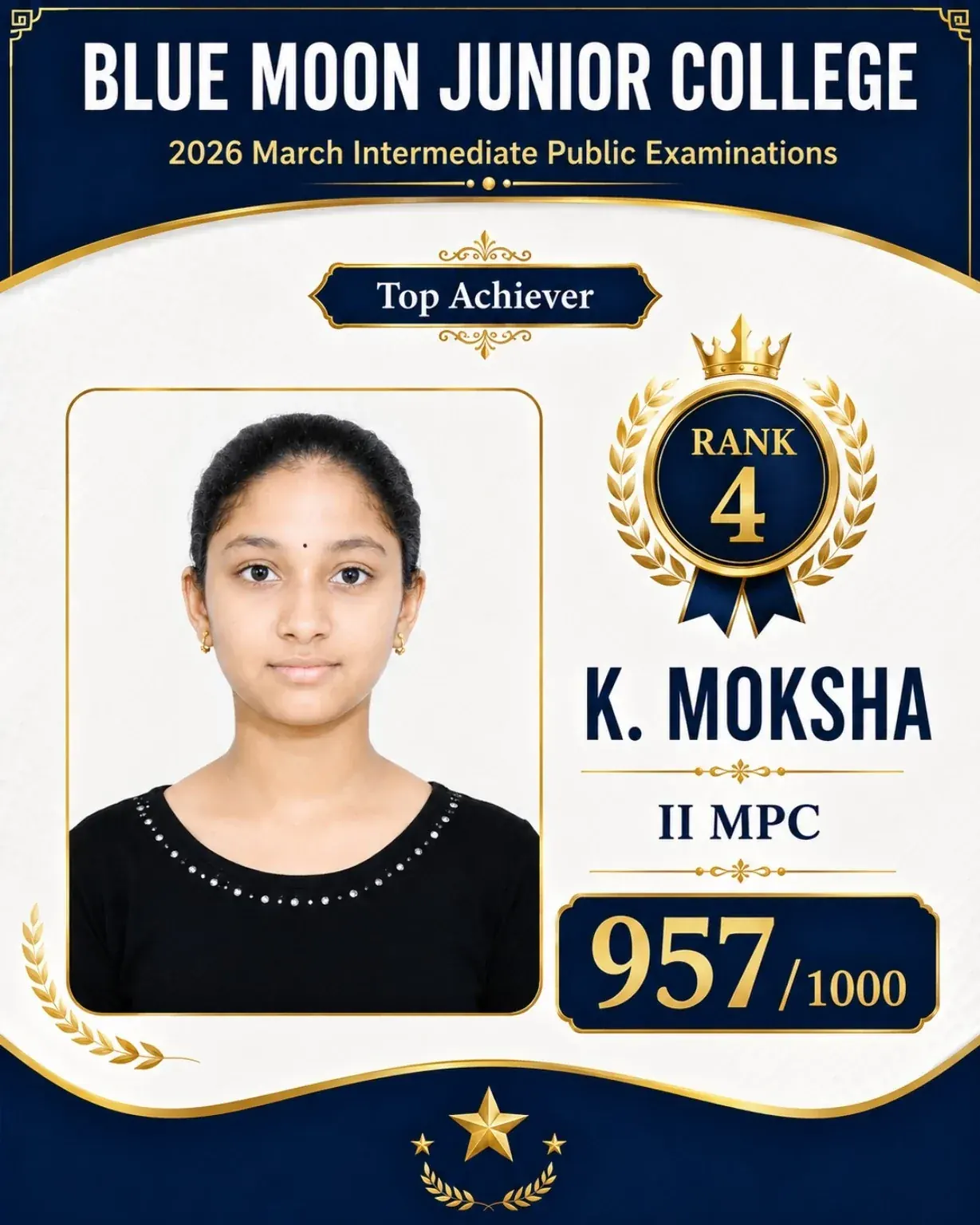 Blue Moon Junior College Rank 4 K. Moksha 957/1000