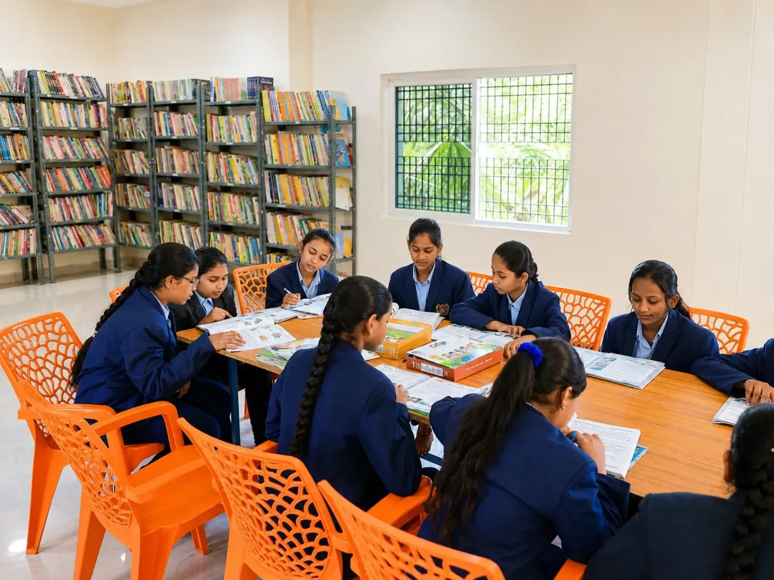 Blue Moon school students in uniform during guided academic group study