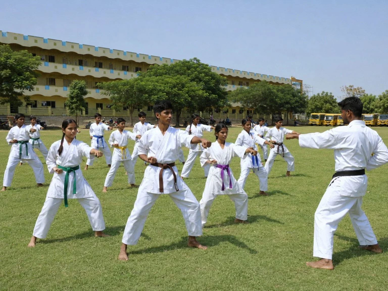 School karate training session on the Blue Moon campus ground