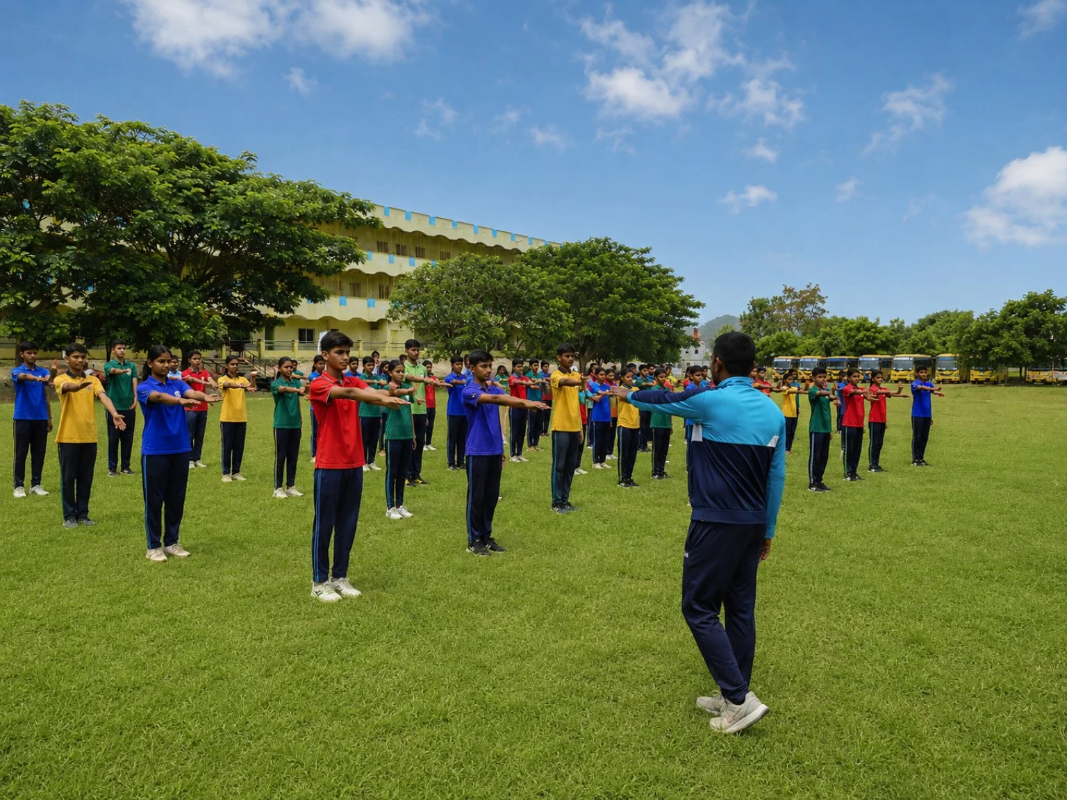 School students participating in master drill on the Blue Moon ground