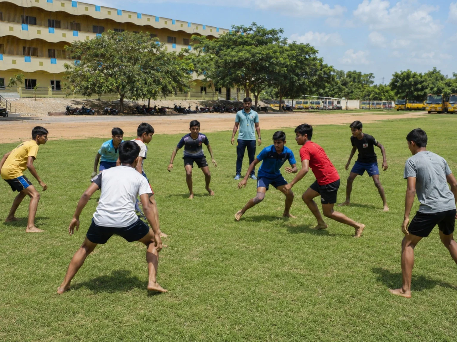 School students participating in outdoor sports activity on the Blue Moon ground