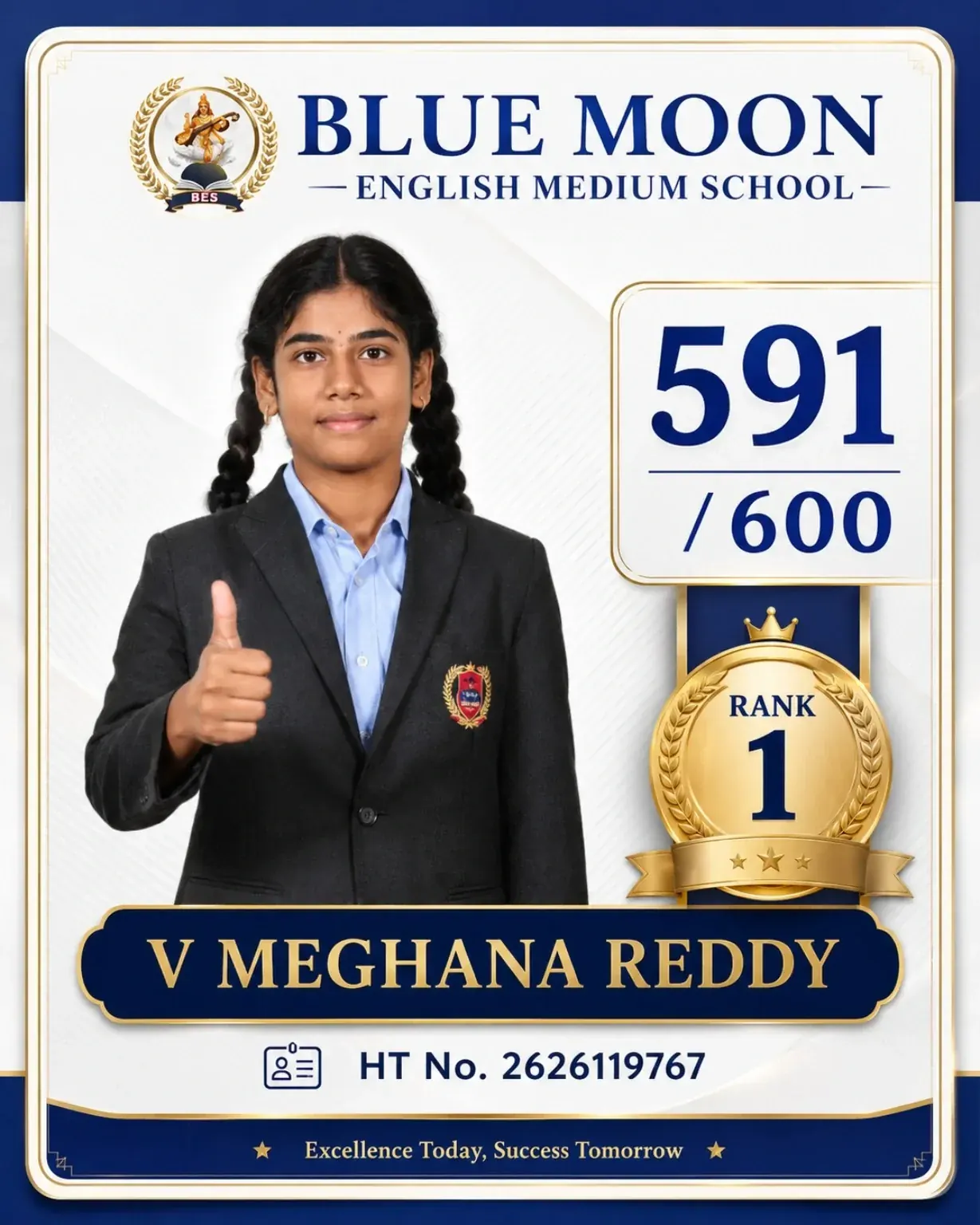Blue Moon English Medium School Rank 1 V Meghana Reddy 591/600