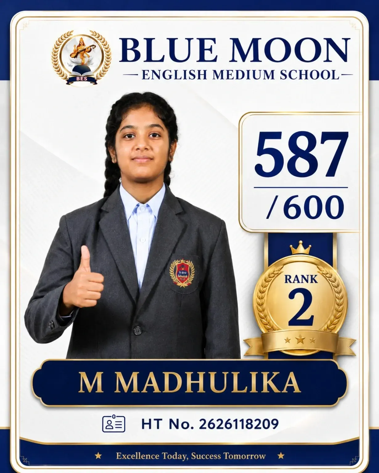 Blue Moon English Medium School Rank 2 M Madhulika 587/600