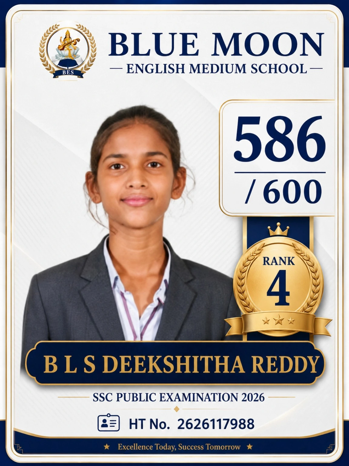 Blue Moon English Medium School Rank 4 B L S Deekshitha Reddy 586/600