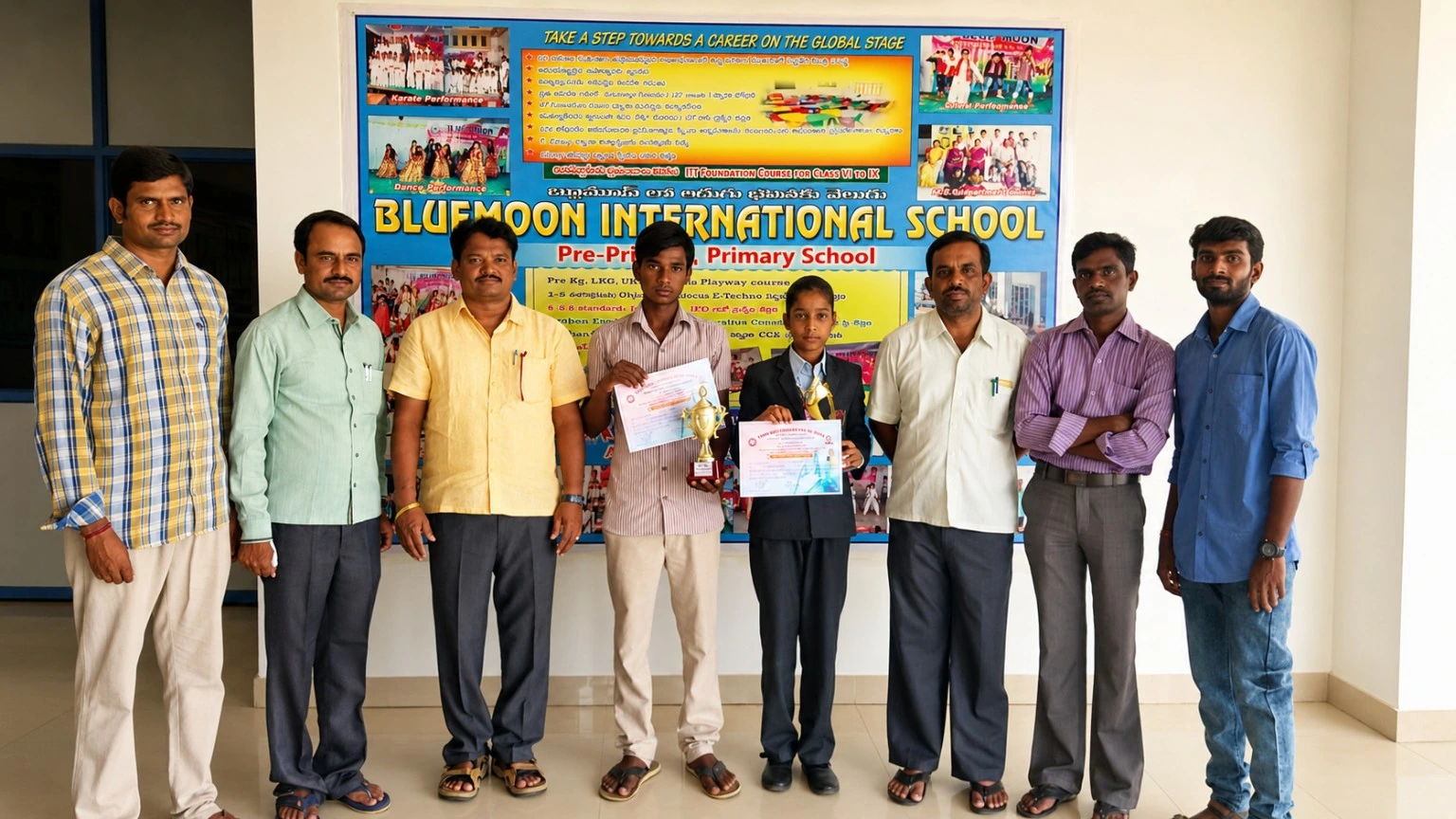 Blue Moon students holding certificates and trophies for National Level Tennikoit